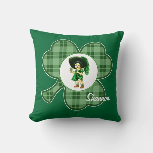 Custom Name  Little Irish Girl with Shamrock Throw Pillow