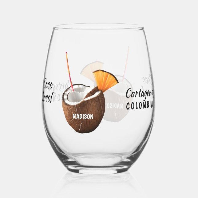 Custom Name & Location Coco Loco Stemless Wine Glass (Back)