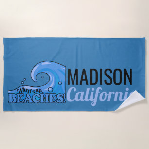 Custom name & location Funny Wave beach towel