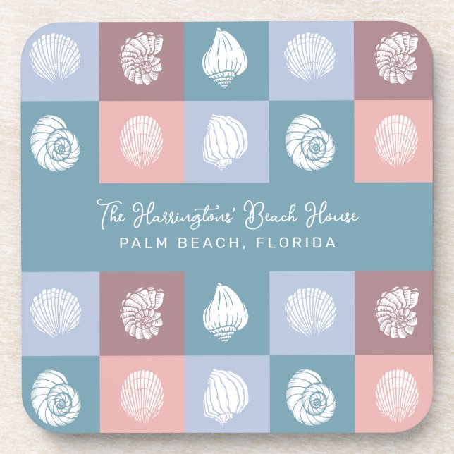 Custom Name & Location Seashells Pattern Beverage Coaster (Front)