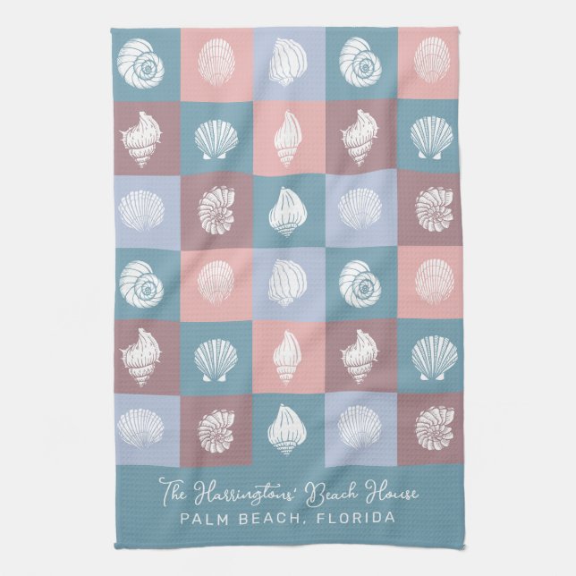 Custom Name & Location Seashells Pattern Kitchen Towel (Vertical)
