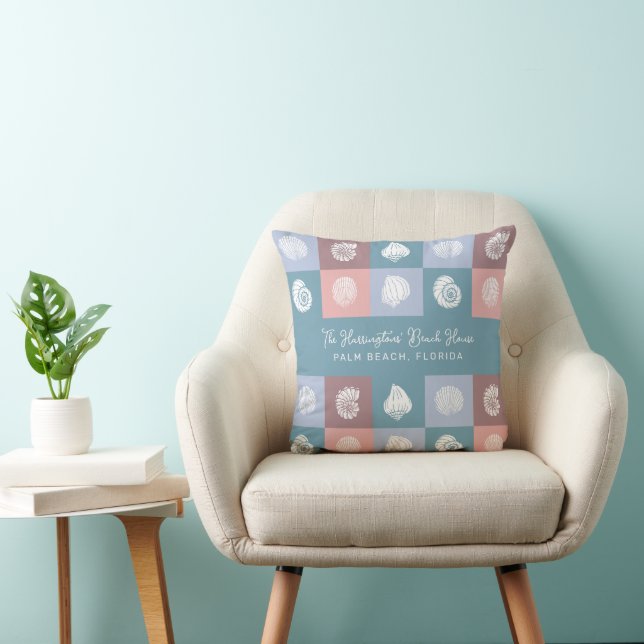 Custom Name & Location Seashells Pattern Throw Pillow (Chair)