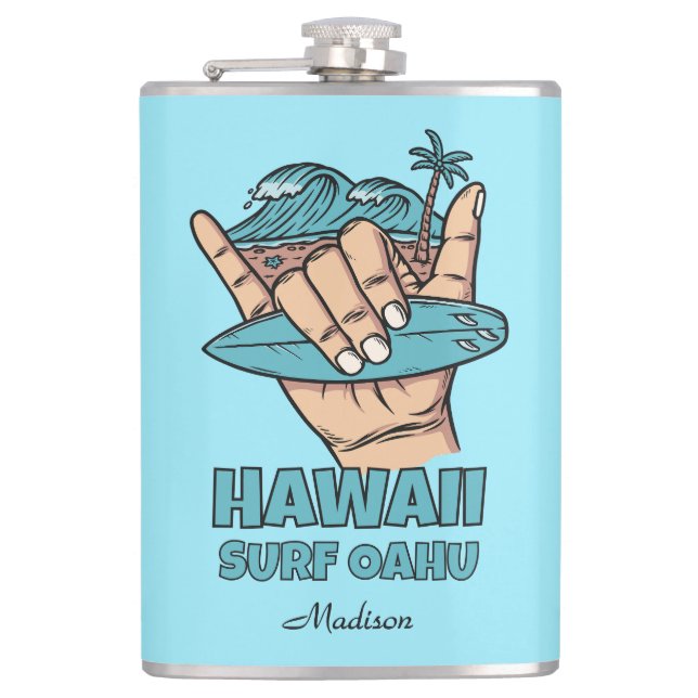 Custom Name & Location Surf Shaka Flask (Front)