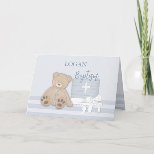 Custom Name Logan Blue Baptism Cake Teddy Bear Card