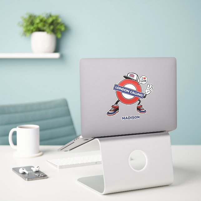 Custom Name London Calling Sticker (Laptop On Desk)