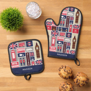 Custom Name London UK Icons Oven Mitt & Pot Holder Set