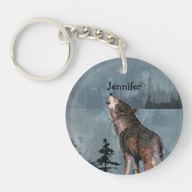 Custom Name Lonely Wolf Howling across Lake Keycha Keychain (Front)