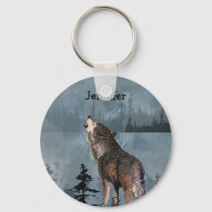 Custom Name Lonely Wolf Howling across Lake Keychain