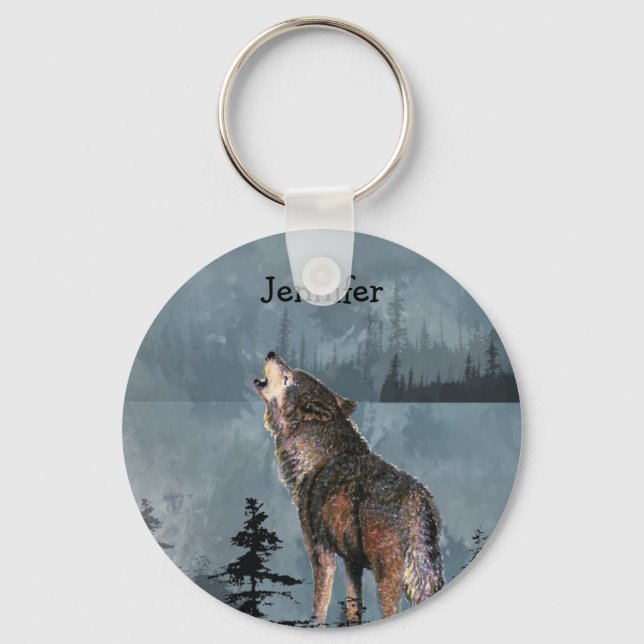 Custom Name Lonely Wolf Howling across Lake Keychain (Front)