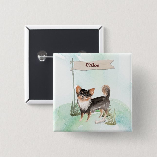 Custom Name Long Haired Chihuahua Pet Dog Button (Front & Back)