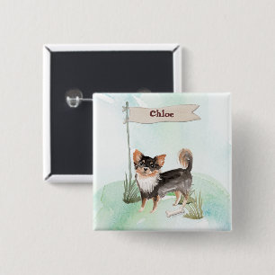 Custom Name Long Haired Chihuahua Pet Dog Button