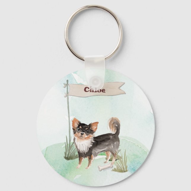 Custom Name Long Haired Chihuahua Pet Dog Keychain (Front)
