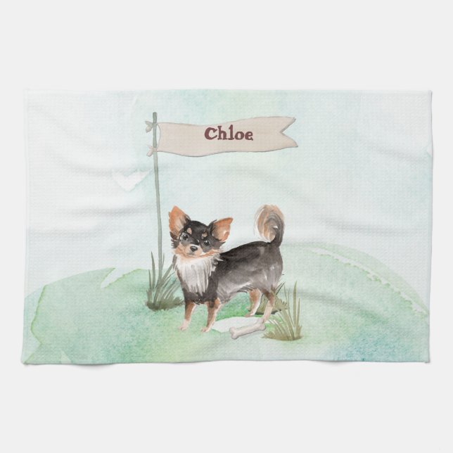 Custom Name Long Haired Chihuahua Pet Dog Kitchen Towel (Horizontal)