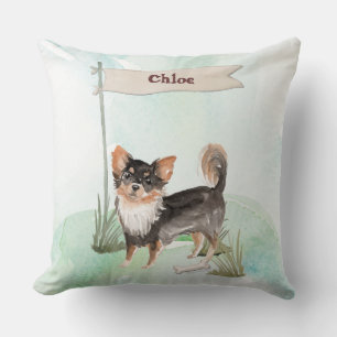 Custom Name Long Haired Chihuahua Pet Dog Throw Pillow