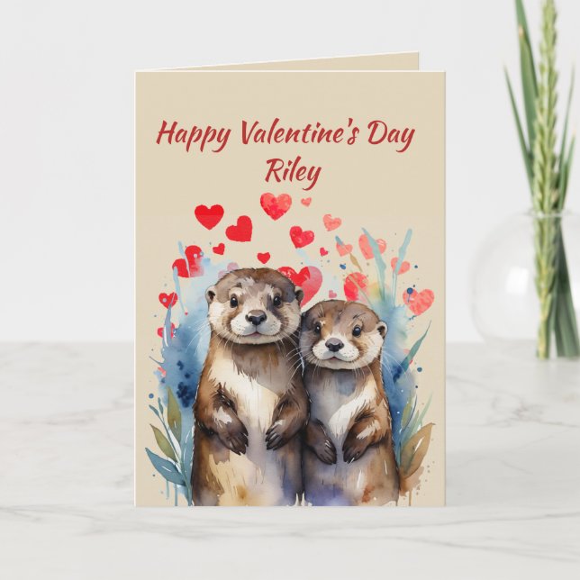 Custom Name Love Cute Otters Animal Hearts Holiday Card (Front)