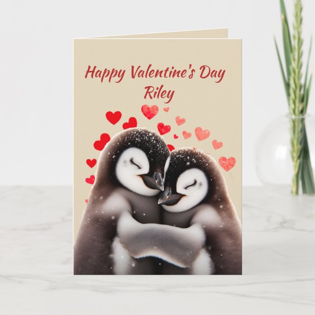 Custom Name Love Cute Penguins Hearts Holiday Card (Front)
