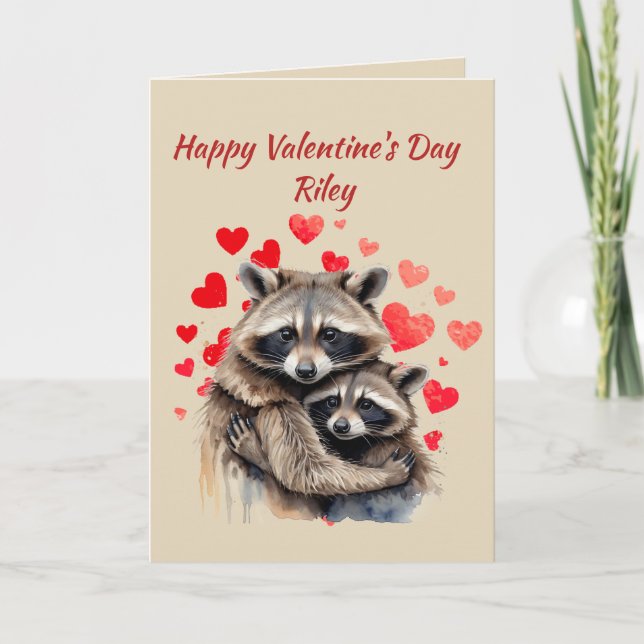 Custom Name Love Cute Raccoon Animal Hearts Holiday Card (Front)