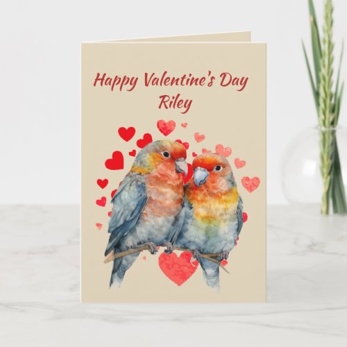 Custom Name Love Cute Tropical Parrots Hearts Holiday Card