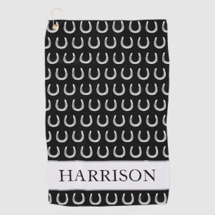 Custom Name Lucky Horseshoe Print Black Golf Towel