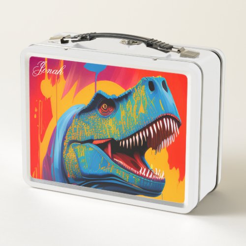 Custom Name Lunch Box Colorful T_Rex Dinosaur  Metal Lunch Box