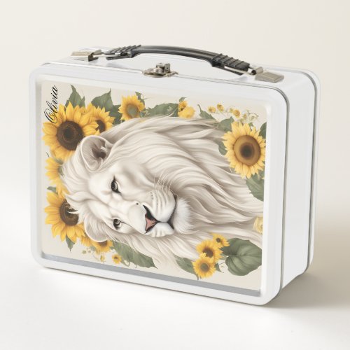 Custom Name Lunch Box Sunflowers Magical Lion Metal Lunch Box