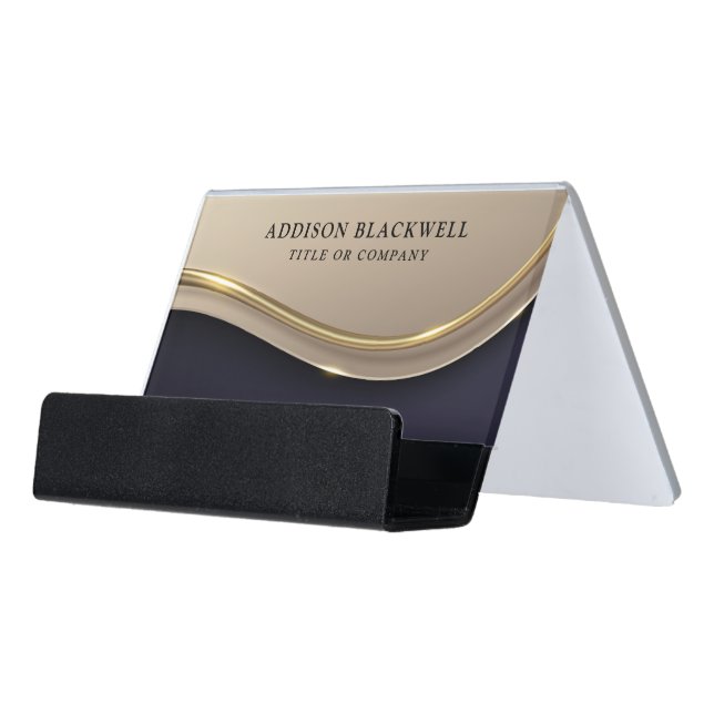 Custom Name Luxury Black Gold Desk Business Card Holder (Angled Front)