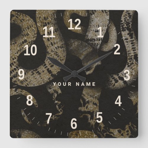 Custom Name Luxury Elegant Black Gold Snakes Square Wall Clock