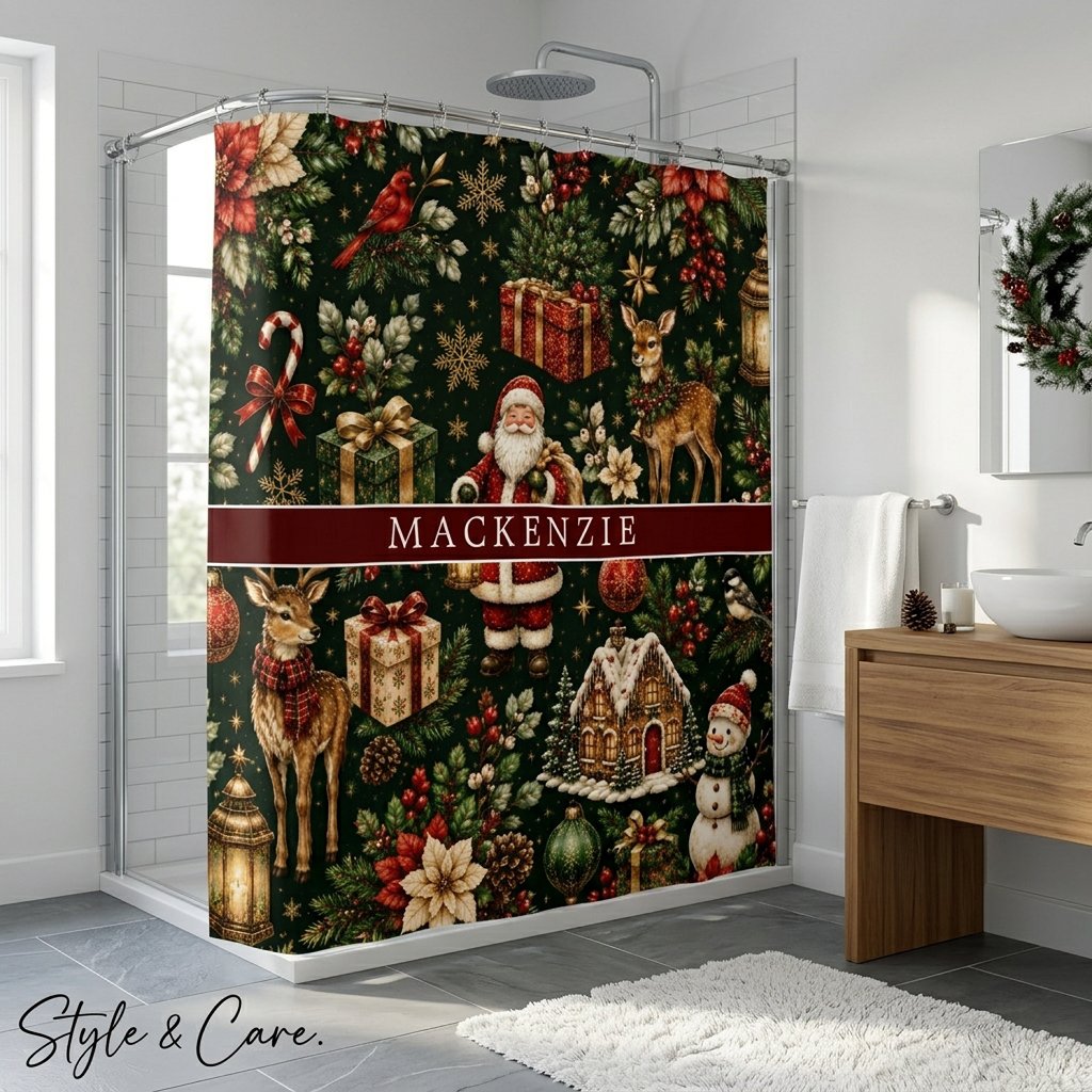 Custom Name Luxury Vintage Christmas Holiday Pattern Shower Curtain