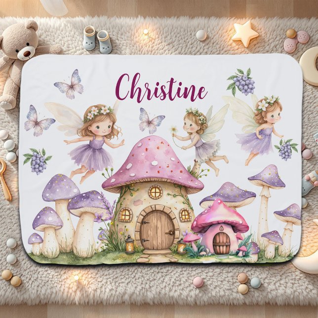 Custom Name Magic Fairies Pink Mushrooms Baby Blanket (Creator Uploaded)