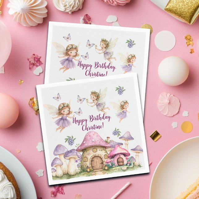 Custom Name Magic Fairies Pink Mushrooms Birthday Napkins (Creator Uploaded)