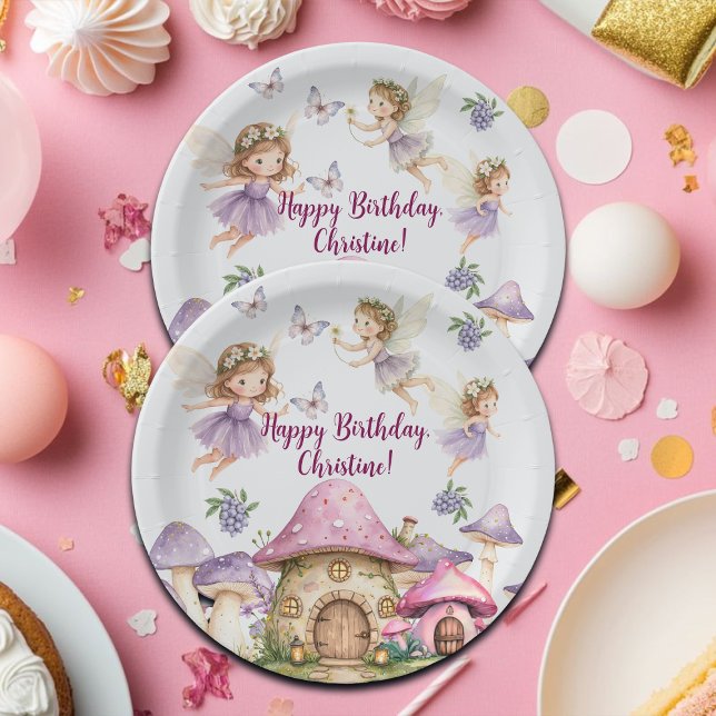 Custom Name Magic Fairies Pink Mushrooms Birthday Paper Plates (Creator Uploaded)