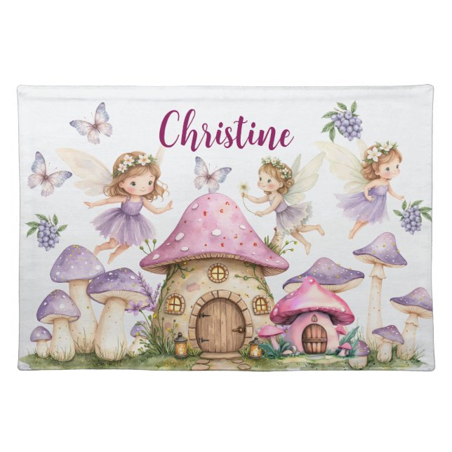 Custom Name Magic Fairies Pink Mushrooms Cloth Placemat (Front)
