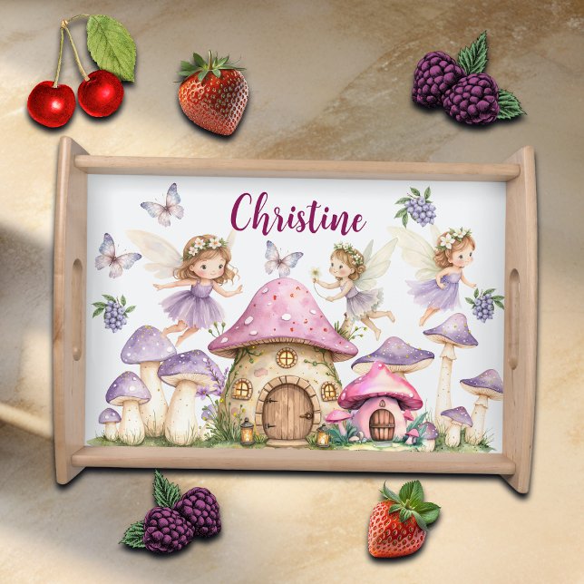 Custom Name Magic Fairies Pink Mushrooms Serving Tray (Creator Uploaded)