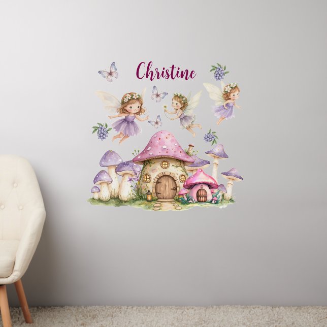 Custom Name Magic Fairies Pink Mushrooms Wall Decal (Living Room 2)