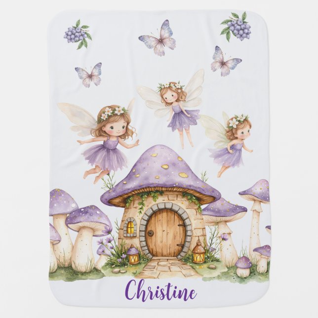 Custom Name Magic Fairies Purple Garden Baby Blanket (Front)