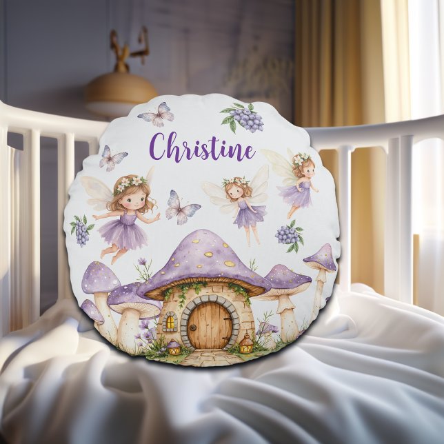 Custom Name Magic Fairies Purple Garden Round Pillow (Creator Uploaded)