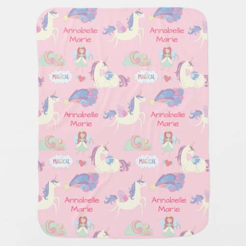 Custom Name Magical Pink Unicorn Fairy Heart Baby Blanket