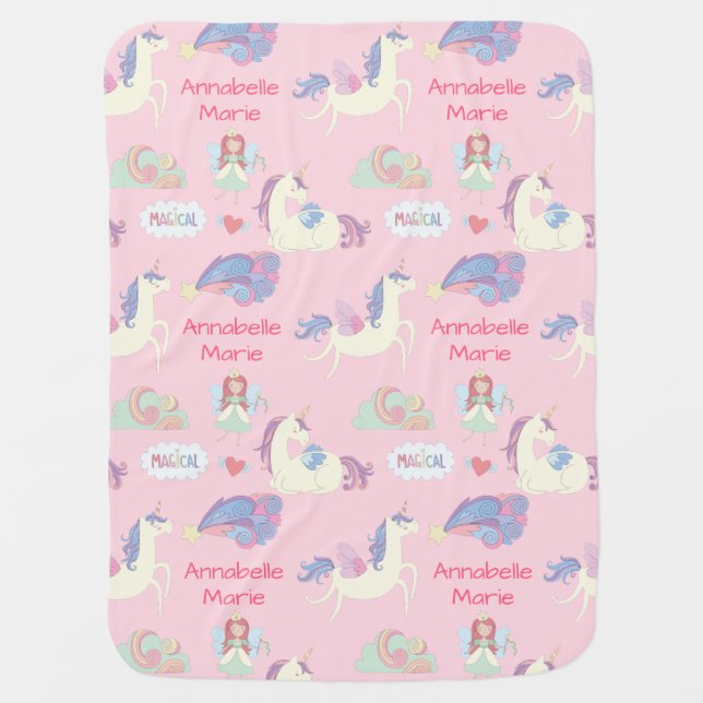 Custom Name Magical Pink Unicorn Fairy Heart Baby Blanket (Front)