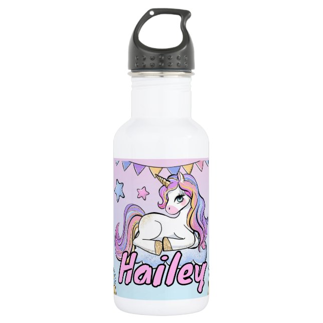 Custom Name Magical Unicorn, Rainbow & Stars Stainless Steel Water Bottle (Front)