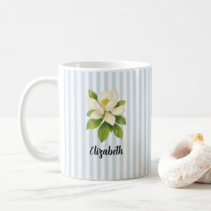 Custom Name Magnolia Painting Nautical Stripe Coffee Mug