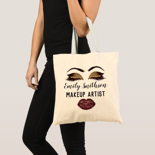 Custom Name Makeup Artist Kiss Lips Skin Gold Lash Tote Bag