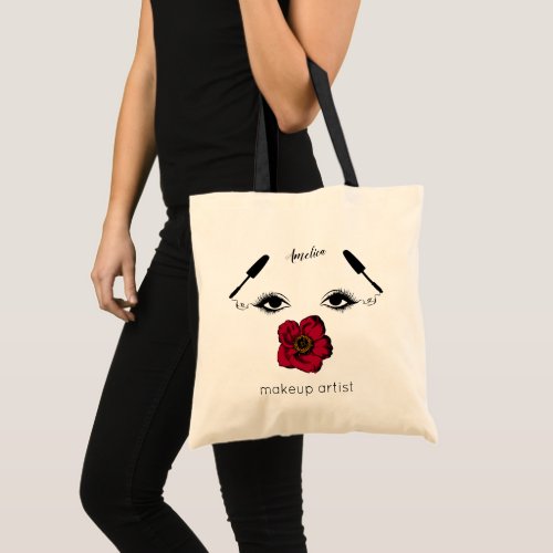 Custom Name Makeup Artist Red Flower Lash Brows Tote Bag