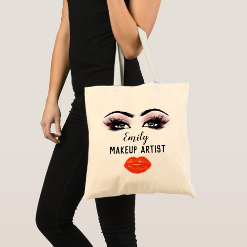 Custom Name Makeup Artist Red Kiss Bride Lashes Tote Bag