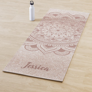 Custom Name Mandala Om Rose Gold Glitter Exercise Yoga Mat