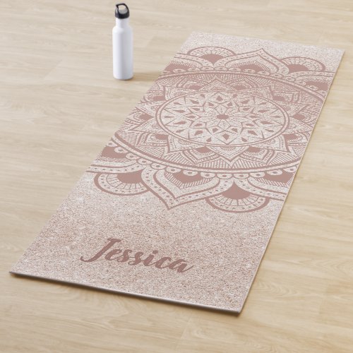 Custom Name Mandala Om Rose Gold Glitter Exercise Yoga Mat