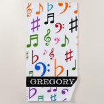 [ Thumbnail: Custom Name; Many Colorful Music Notes and Symbols Beach Towel ]