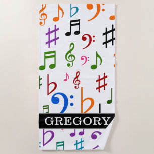 Custom Name; Many Colorful Music Notes and Symbols Beach Towel