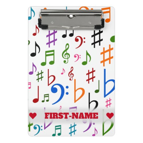 Custom Name Many Colorful Music Notes and Symbols Mini Clipboard