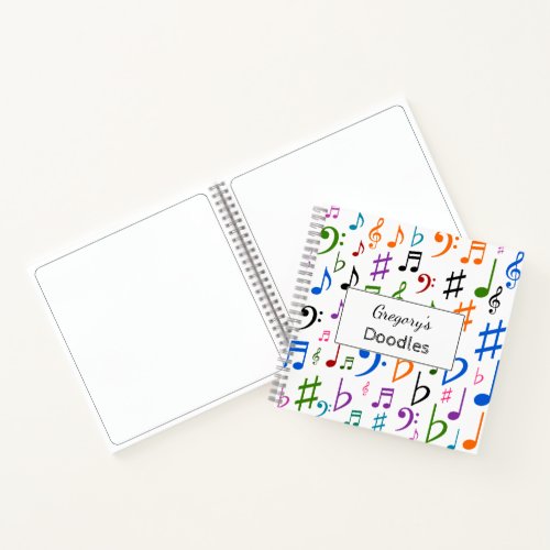 Custom Name Many Colorful Music Notes and Symbols Notebook