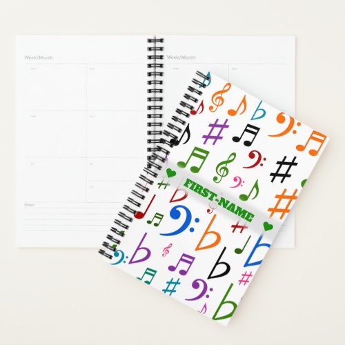 Custom Name Many Colorful Music Notes and Symbols Planner